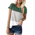 FOMANSH Women's Tops Short Sleeve Round Neck Striped Color Block T-Shirts Casual Blouse