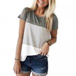 FOMANSH Women's Tops Short Sleeve Round Neck Striped Color Block T-Shirts Casual Blouse