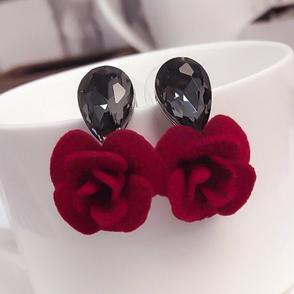 FYUAN Classic Water Drops Crystal Flower Stud Earrings Red Rose Earring For Women Jewelry Bijoux Gift