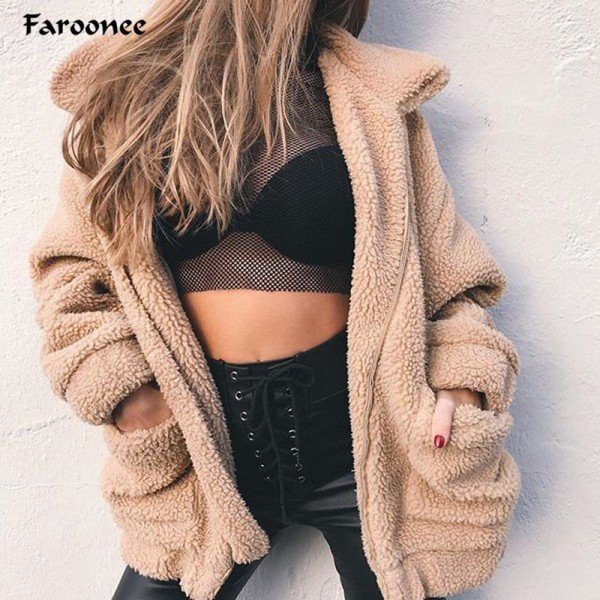 Faroonee Elegant Faux Fur Coat Women 2018  Autumn Winter Warm Soft Zipper Fur Jacket Female Plush Overcoat Casual Outerwear