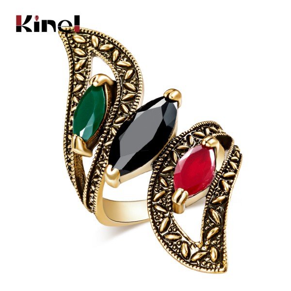 Fashion 2016 Vintage Big Ring Antique Gold Color Mosaic Colorful Resin Rings For Women Size 6 7 8 9 10 11 Turkish Jewelry