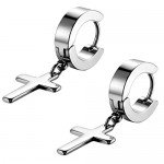 Flongo Men's Womens Vintage Stainless Steel Cross Dangle Hinged Hoop Earrings, Stainless Steel Hoop Huggie Earrings Cross Drop Dangle Earrings