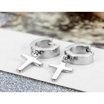 Flongo Men's Womens Vintage Stainless Steel Cross Dangle Hinged Hoop Earrings, Stainless Steel Hoop Huggie Earrings Cross Drop Dangle Earrings