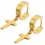 Flongo Men's Womens Vintage Stainless Steel Cross Dangle Hinged Hoop Earrings, Stainless Steel Hoop Huggie Earrings Cross Drop Dangle Earrings