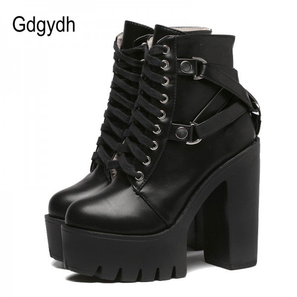 Gdgydh Fashion Black Martin Boots Women Spring Autumn Lace-up Soft Leather Platform Shoes Woman Party Ankle Boots High Heels