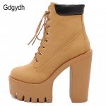 Gdgydh Fashion Spring Autumn Platform Ankle Boots Women Lace Up Thick Heel Martin Boots Ladies Worker Boots Black Size 35-40