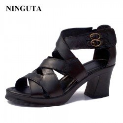 Genuine Leather high heels gladiator sandals women summer ladies shoes