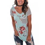 HIKARE Women's Summer Floral Print Striped Short Sleeve Casual T-Shirt Tops With Pocket
