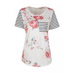 HIKARE Women's Summer Floral Print Striped Short Sleeve Casual T-Shirt Tops With Pocket