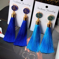 HOCOLE Bohemian Crystal Tassel Earrings Black White Blue Red Pink Silk Fabric Long Drop Dangle Tassel Earrings For Women Jewelry