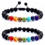 Hamoery Men Women 8mm Lava Rock 7 Chakras Diffuser Bracelet Braided Rope Natural Stone Yoga Beads Bracelet Bangle