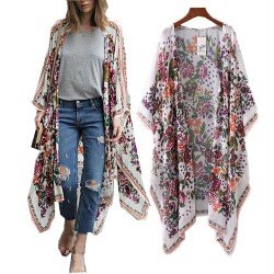 Haoricu Women Cardigan, Womens Open Front Floral Print Chiffon Loose Shawl Kimono Cover up Shirt
