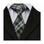 Hi-Tie Green Plaid Paisley Floral Woven Silk Tie Necktie Handkerchief Cufflinks Set for Men