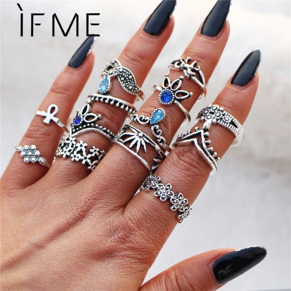 IF ME Bohemian Flower Ring Sets for Women Vintage Retro Silver Color Lotus Blue Crystal Rings Finger Jewelry 2018 New 