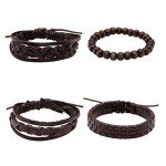 JUSNOVA 5-12 Pcs Leather Bracelet for Men Women Wooden Beaded Bracelets Cuff Adjustable