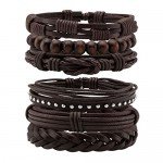 JUSNOVA 5-12 Pcs Leather Bracelet for Men Women Wooden Beaded Bracelets Cuff Adjustable