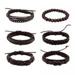 JUSNOVA 5-12 Pcs Leather Bracelet for Men Women Wooden Beaded Bracelets Cuff Adjustable