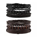 JUSNOVA 5-12 Pcs Leather Bracelet for Men Women Wooden Beaded Bracelets Cuff Adjustable