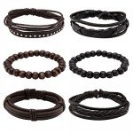 JUSNOVA 5-12 Pcs Leather Bracelet for Men Women Wooden Beaded Bracelets Cuff Adjustable
