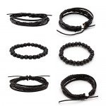 JUSNOVA 5-12 Pcs Leather Bracelet for Men Women Wooden Beaded Bracelets Cuff Adjustable