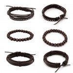 JUSNOVA 5-12 Pcs Leather Bracelet for Men Women Wooden Beaded Bracelets Cuff Adjustable