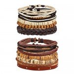JUSNOVA 5-12 Pcs Leather Bracelet for Men Women Wooden Beaded Bracelets Cuff Adjustable
