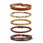 JUSNOVA 5-12 Pcs Leather Bracelet for Men Women Wooden Beaded Bracelets Cuff Adjustable
