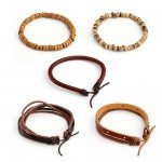 JUSNOVA 5-12 Pcs Leather Bracelet for Men Women Wooden Beaded Bracelets Cuff Adjustable