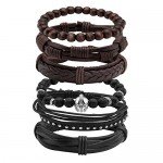 JUSNOVA 5-12 Pcs Leather Bracelet for Men Women Wooden Beaded Bracelets Cuff Adjustable