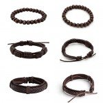JUSNOVA 5-12 Pcs Leather Bracelet for Men Women Wooden Beaded Bracelets Cuff Adjustable