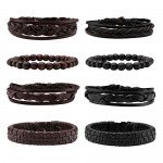 JUSNOVA 5-12 Pcs Leather Bracelet for Men Women Wooden Beaded Bracelets Cuff Adjustable