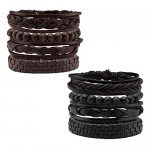 JUSNOVA 5-12 Pcs Leather Bracelet for Men Women Wooden Beaded Bracelets Cuff Adjustable