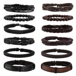JUSNOVA 5-12 Pcs Leather Bracelet for Men Women Wooden Beaded Bracelets Cuff Adjustable