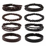 JUSNOVA 5-12 Pcs Leather Bracelet for Men Women Wooden Beaded Bracelets Cuff Adjustable