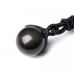 Jovivi 16mm Natural Black Obsidian Rainbow Eyes Stone Lucky Blessing Chakra Beads Pendant Necklace with Adjustable Braided Rope Cord