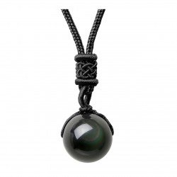 Jovivi 16mm Natural Black Obsidian Rainbow Eyes Stone Lucky Blessing Chakra Beads Pendant Necklace with Adjustable Braided Rope Cord
