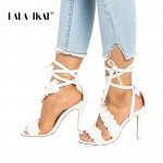 LALA IKAI Ankle Strap High Heels Sandals Women Ruffles Sandals Summer shoes Solid Lace-Up Chaussure Femme Talon 014C1021-5