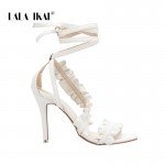 LALA IKAI Ankle Strap High Heels Sandals Women Ruffles Sandals Summer shoes Solid Lace-Up Chaussure Femme Talon 014C1021-5