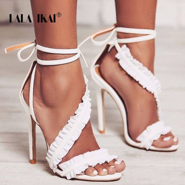 LALA IKAI Ankle Strap High Heels Sandals Women Ruffles Sandals Summer shoes Solid Lace-Up Chaussure Femme Talon 014C1021-5