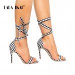 LALA IKAI Scottish Plaid High Sandals Women Cross-Tied Heels Ladies Ankle Strap Lace Up Party Bow High Shoes 014C1880-4