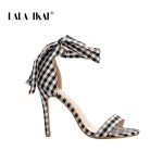 LALA IKAI Scottish Plaid High Sandals Women Cross-Tied Heels Ladies Ankle Strap Lace Up Party Bow High Shoes 014C1880-4