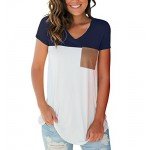 LIHER Women's Casual Short Sleeve V-Neck Color Block T-Shirt Tops with Suede Pocket