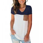 LIHER Women's Casual Short Sleeve V-Neck Color Block T-Shirt Tops with Suede Pocket