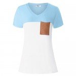LIHER Women's Casual Short Sleeve V-Neck Color Block T-Shirt Tops with Suede Pocket