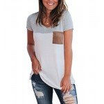 LIHER Women's Casual Short Sleeve V-Neck Color Block T-Shirt Tops with Suede Pocket