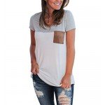 LIHER Women's Casual Short Sleeve V-Neck Color Block T-Shirt Tops with Suede Pocket