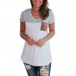 LIHER Women's Casual Short Sleeve V-Neck Color Block T-Shirt Tops with Suede Pocket