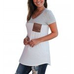 LIHER Women's Casual Short Sleeve V-Neck Color Block T-Shirt Tops with Suede Pocket