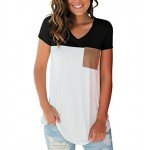 LIHER Women's Casual Short Sleeve V-Neck Color Block T-Shirt Tops with Suede Pocket