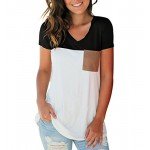 LIHER Women's Casual Short Sleeve V-Neck Color Block T-Shirt Tops with Suede Pocket